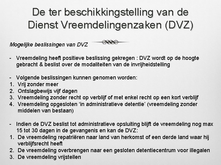 De ter beschikkingstelling van de Dienst Vreemdelingenzaken (DVZ) Mogelijke beslissingen van DVZ - Vreemdeling