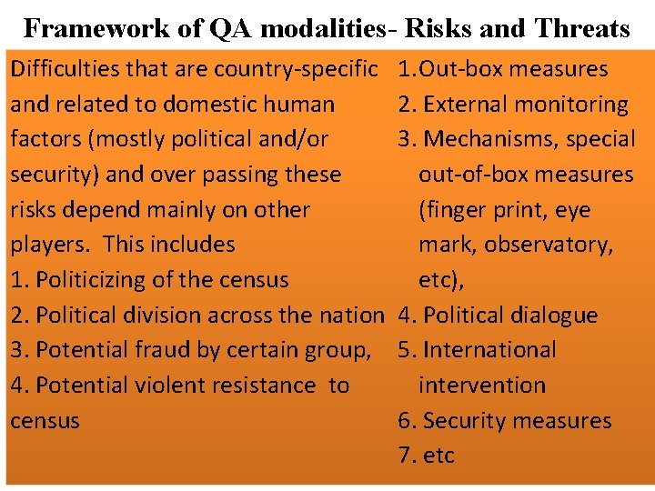 Framework of QA modalities- Risks and Threats Difficulties that are country-specific and related to