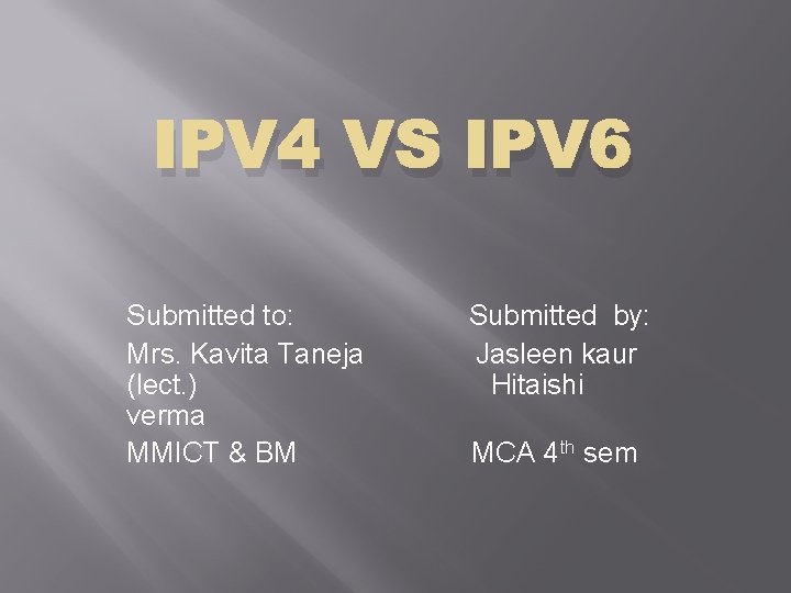 IPV 4 VS IPV 6 Submitted to: Mrs. Kavita Taneja (lect. ) verma MMICT