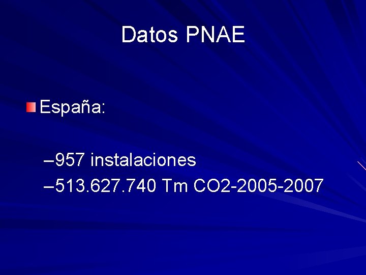 Datos PNAE España: – 957 instalaciones – 513. 627. 740 Tm CO 2 -2005