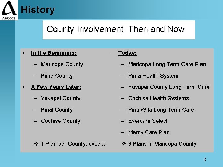 History County Involvement: Then and Now • • In the Beginning: • Today: –
