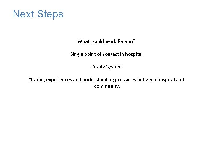 Next Steps What would work for you? Single point of contact in hospital Buddy
