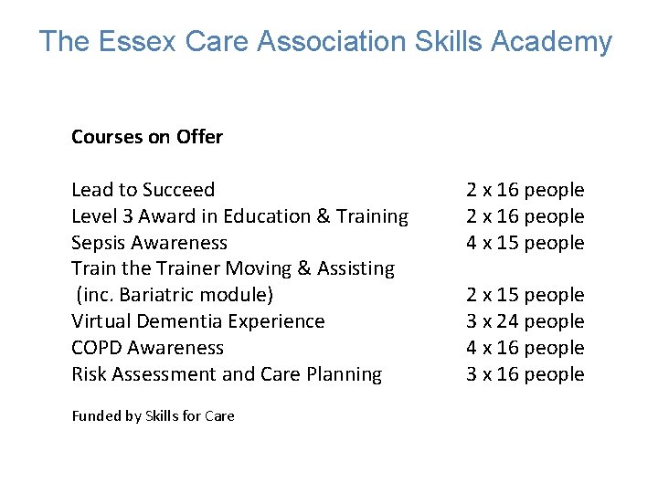 The Essex Care Association Skills Academy Courses on Offer Lead to Succeed Level 3