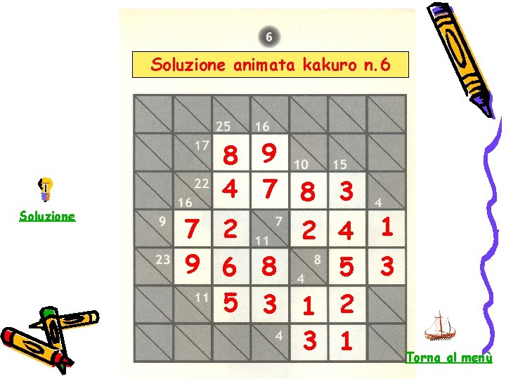 Soluzione animata kakuro n. 6 Soluzione 8 9 4 7 8 7 2 2