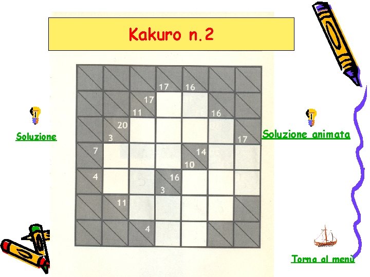 Kakuro n. 2 Soluzione animata Torna al menù 