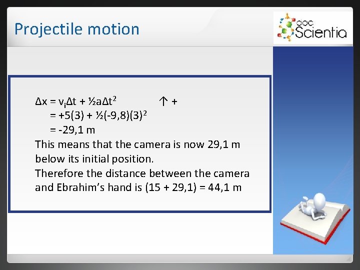 Projectile motion Δx = viΔt + ½aΔt 2 ↑+ = +5(3) + ½(-9, 8)(3)2 Projectile motion Δx = viΔt + ½aΔt 2 ↑+ = +5(3) + ½(-9, 8)(3)2