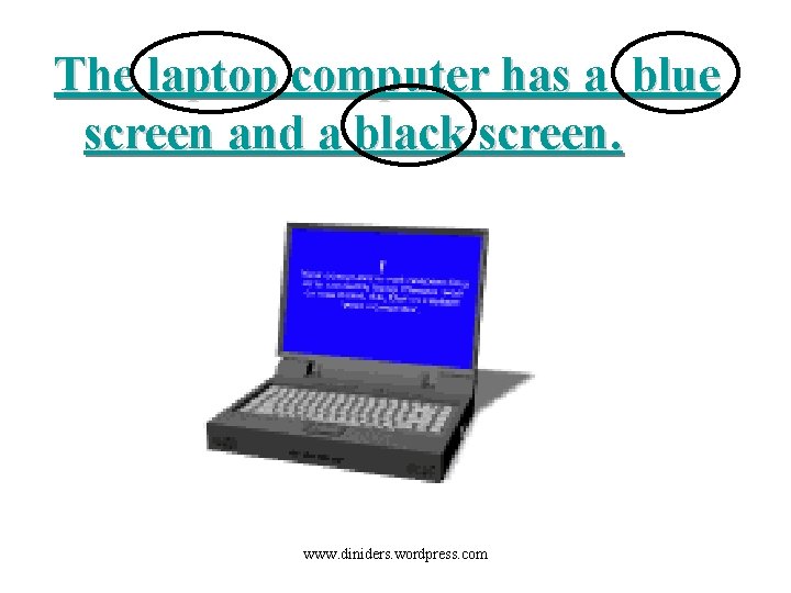 The laptop computer has a blue screen and a black screen. www. diniders. wordpress.