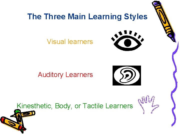 The Three Main Learning Styles Visual learners Auditory Learners Kinesthetic, Body, or Tactile Learners