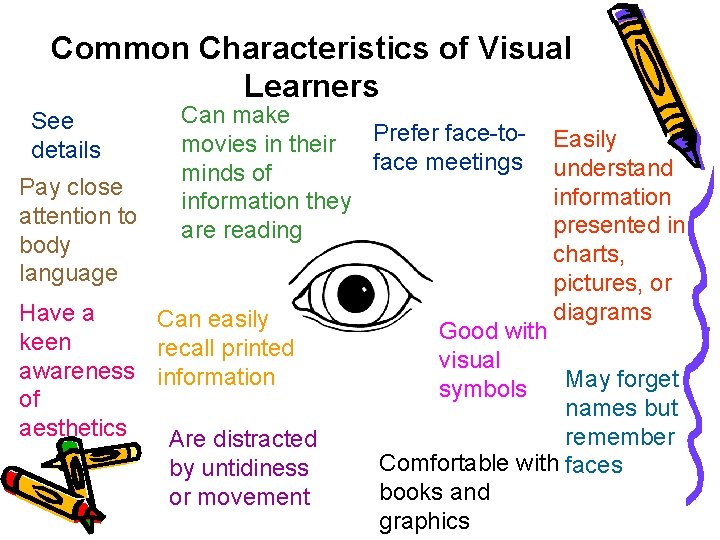 Common Characteristics of Visual Learners See details Pay close attention to body language Can