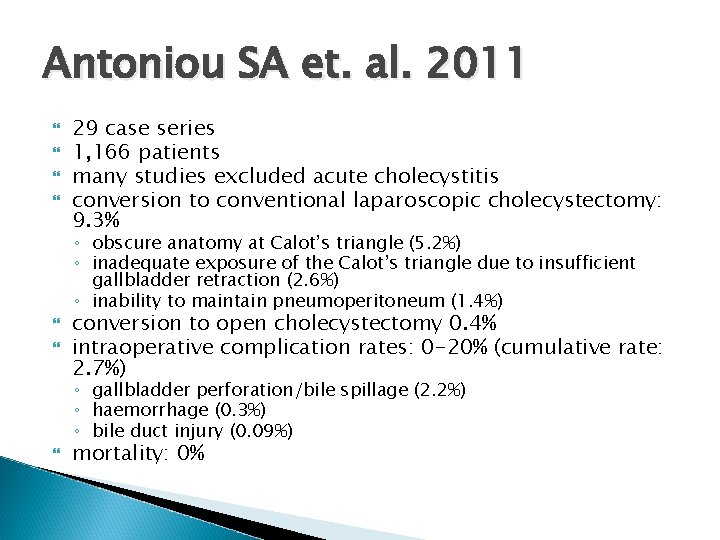 Antoniou SA et. al. 2011 29 case series 1, 166 patients many studies excluded