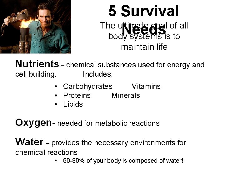 5 Survival The ultimate goal of all Needs body systems is to maintain life