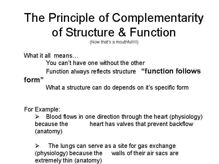 The Principle of Complementarity of Structure & Function (Now that’s a mouthful!!!!) What it