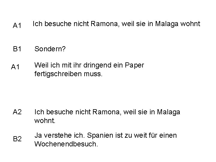 A 1 Ich besuche nicht Ramona, weil sie in Malaga wohnt B 1 Sondern?