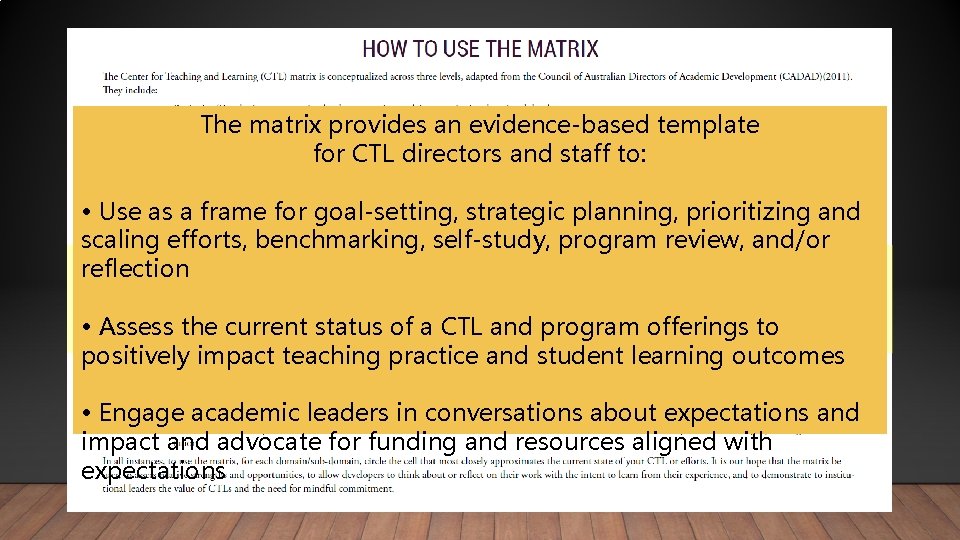 The matrix provides an evidence-based template for CTL directors and staff to: • Use