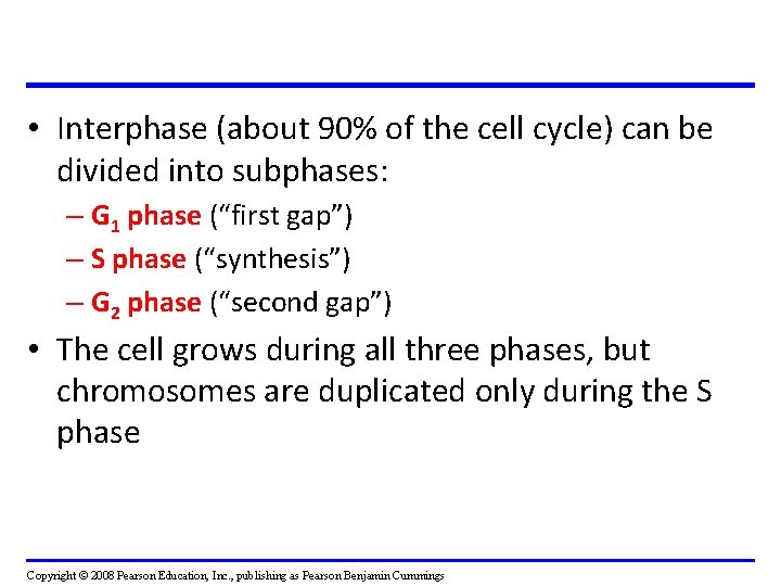 • Interphase (about 90% of the cell cycle) can be divided into subphases: • Interphase (about 90% of the cell cycle) can be divided into subphases: