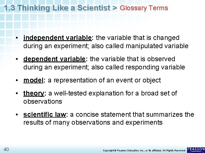 1. 3 Thinking Like a Scientist > Glossary Terms • independent variable: the variable