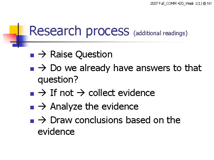 2007 Fall_COMM 420_Week 1(1) @ NY Research process n n n (additional readings) Raise