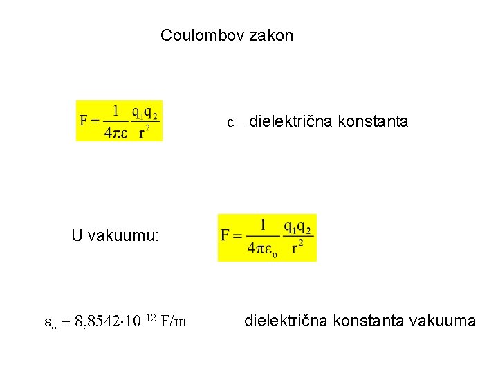 Coulombov zakon ε – dielektrična konstanta U vakuumu: o = 8, 8542 10 -12