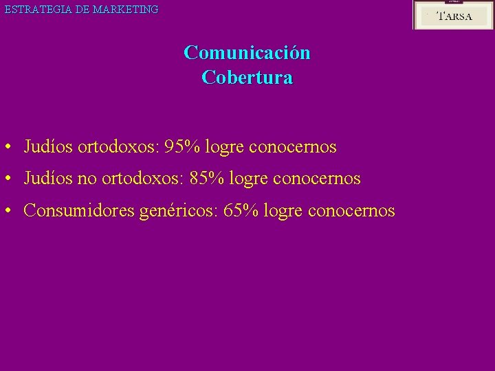 ESTRATEGIA DE MARKETING Comunicación Cobertura • Judíos ortodoxos: 95% logre conocernos • Judíos no