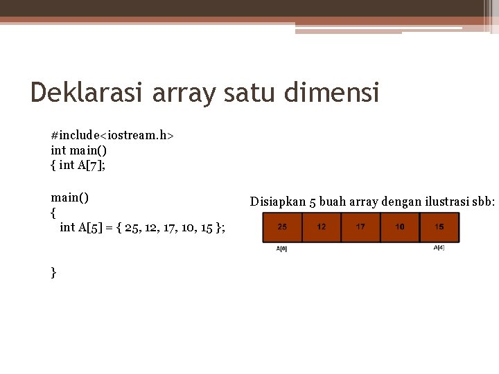 Deklarasi array satu dimensi #include<iostream. h> int main() { int A[7]; main() { int