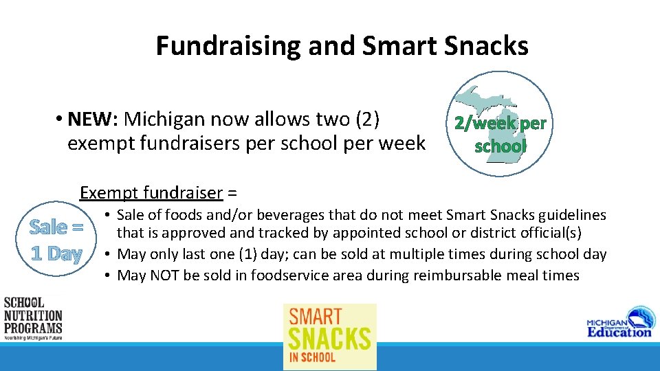 Fundraising and Smart Snacks • NEW: Michigan now allows two (2) exempt fundraisers per