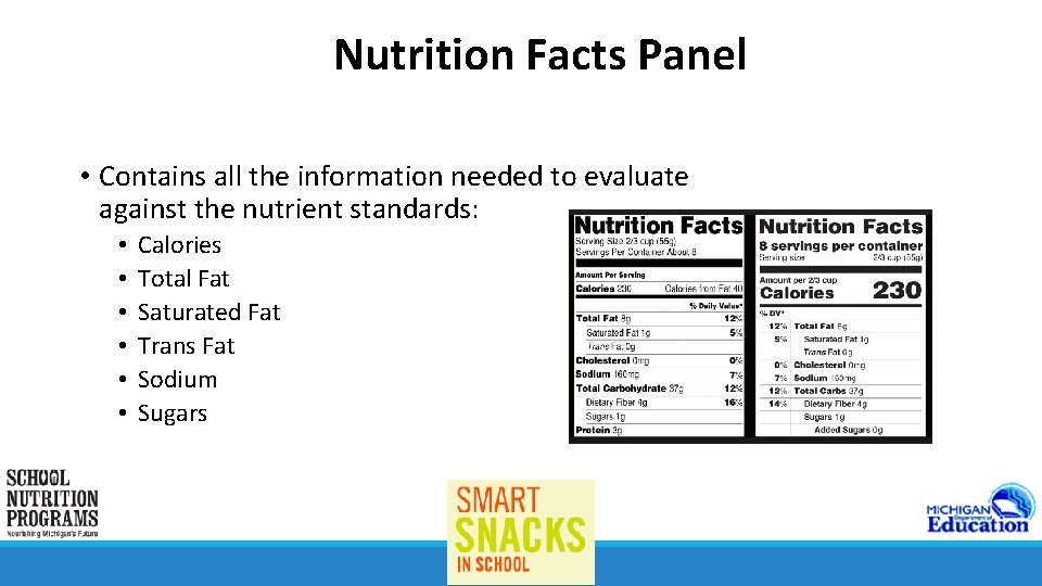 Nutrition Facts Panel • Contains all the information needed to evaluate against the nutrient