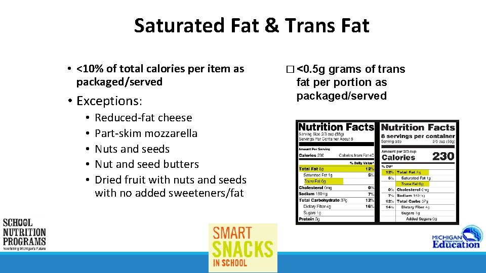 Saturated Fat & Trans Fat • <10% of total calories per item as packaged/served