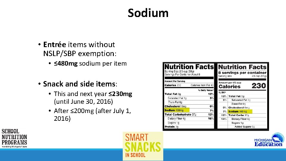 Sodium • Entrée items without NSLP/SBP exemption: • ≤ 480 mg sodium per item