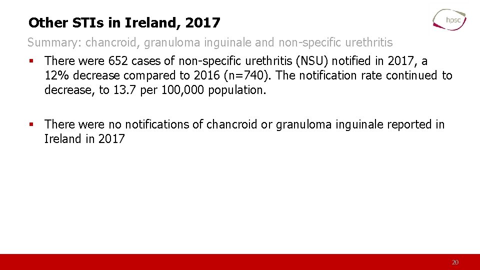 Other STIs in Ireland, 2017 Summary: chancroid, granuloma inguinale and non-specific urethritis § There