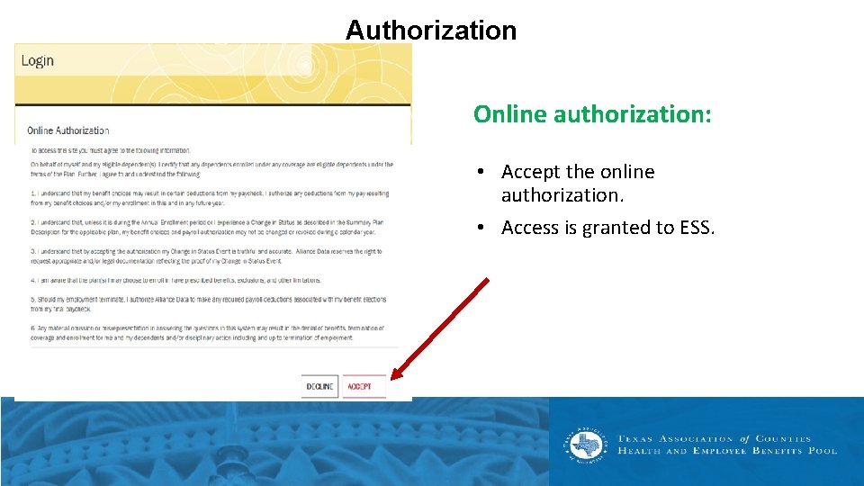 Authorization Online authorization: • Accept the online authorization. • Access is granted to ESS.