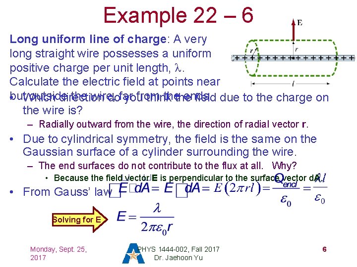 Example 22 – 6 Long uniform line of charge: A very long straight wire