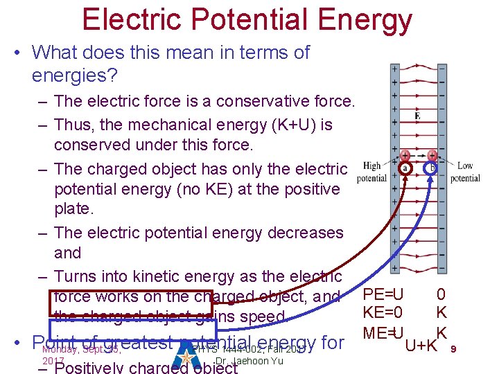 Electric Potential Energy • What does this mean in terms of energies? – The