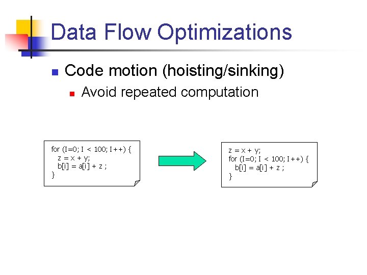 Data Flow Optimizations n Code motion (hoisting/sinking) n Avoid repeated computation for (I=0; I
