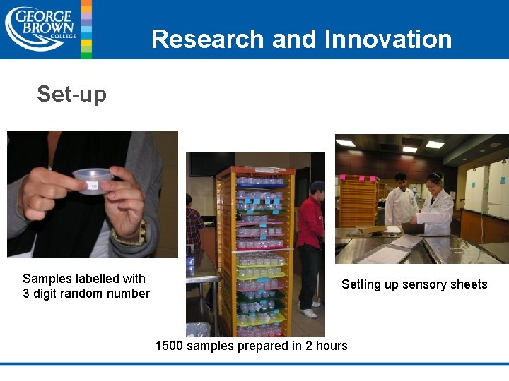 Research and Innovation Set-up Samples labelled with 3 digit random number Setting up sensory