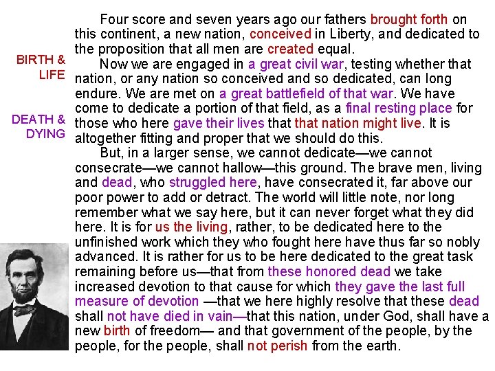 BIRTH & LIFE DEATH & DYING Four score and seven years ago our fathers