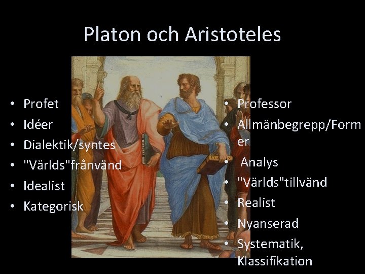 Platon och Aristoteles • • • Profet Idéer Dialektik/syntes "Världs"frånvänd Idealist Kategorisk • Professor