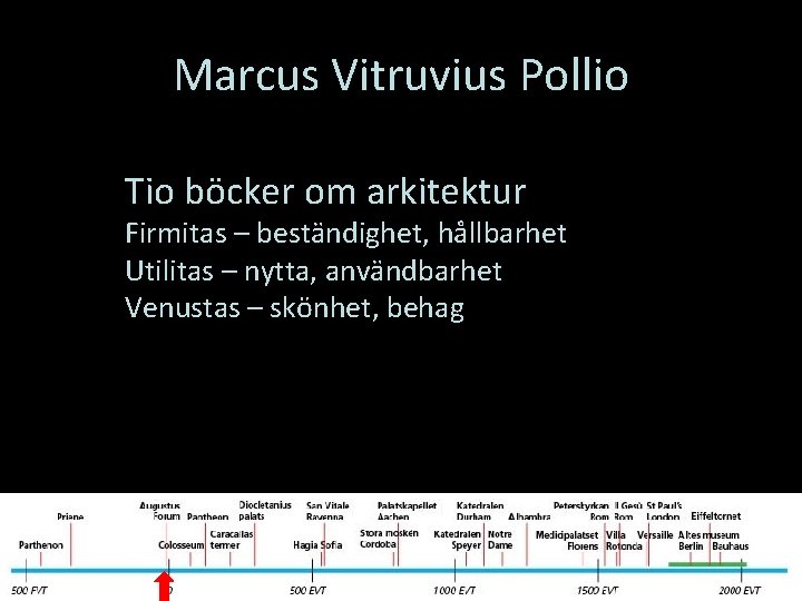 Marcus Vitruvius Pollio Tio böcker om arkitektur Firmitas – beständighet, hållbarhet Utilitas – nytta,