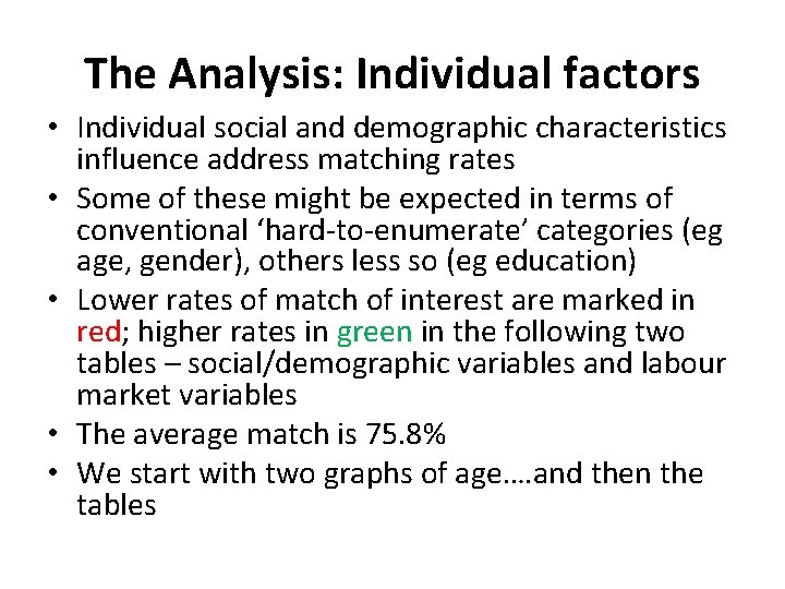 The Analysis: Individual factors • Individual social and demographic characteristics influence address matching rates