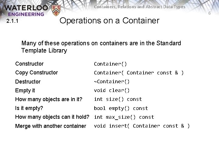 Containers, Relations and Abstract Data Types 6 Operations on a Container 2. 1. 1