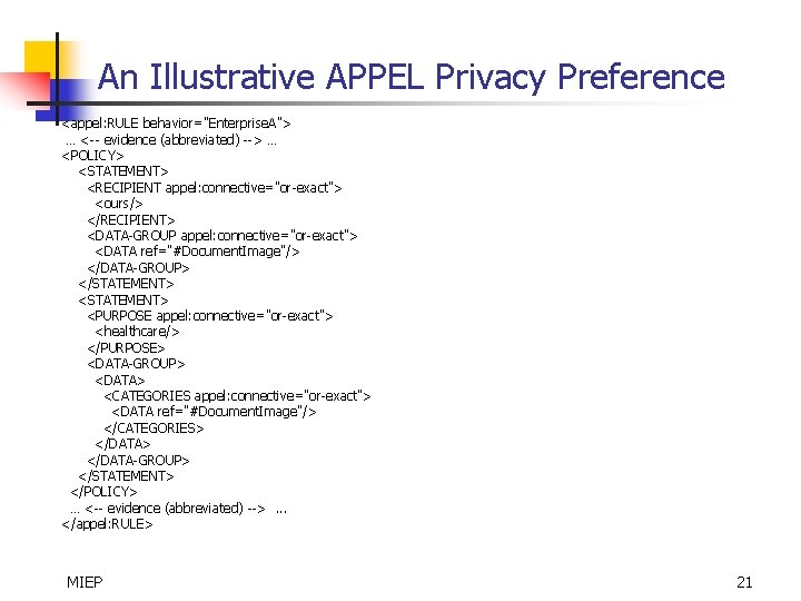 An Illustrative APPEL Privacy Preference <appel: RULE behavior="Enterprise. A"> … <-- evidence (abbreviated) -->
