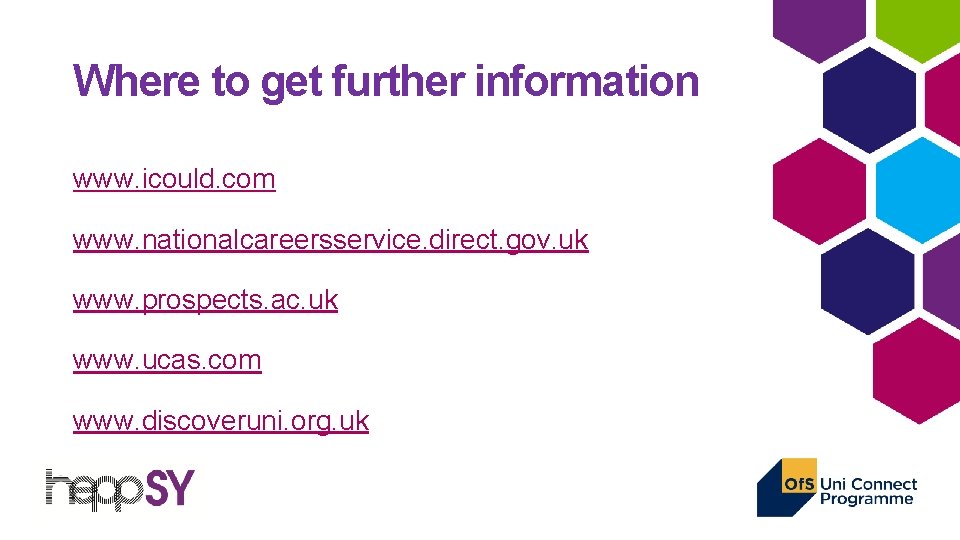 Where to get further information www. icould. com www. nationalcareersservice. direct. gov. uk www.