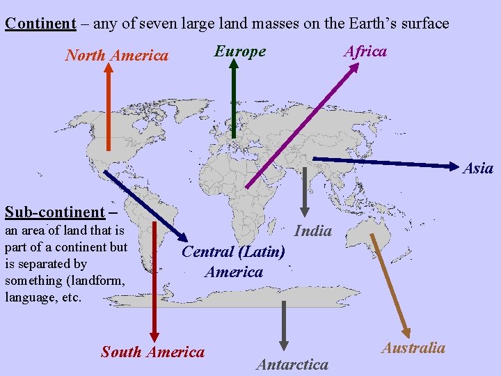 Continent – any of seven large land masses on the Earth’s surface Europe North