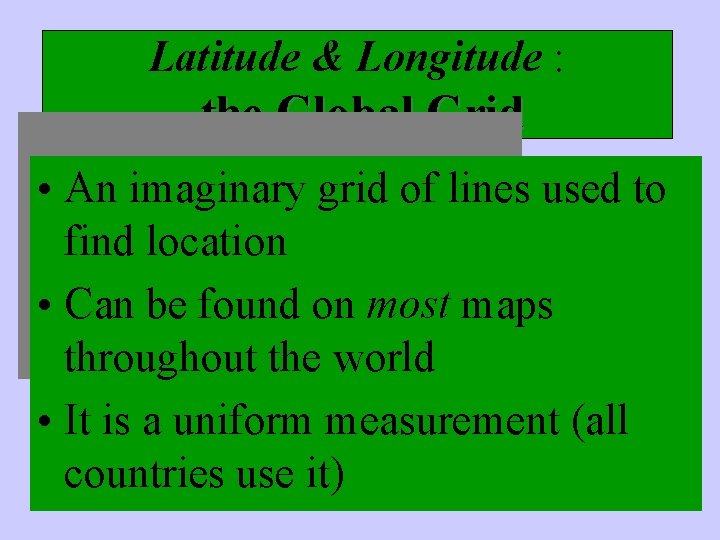 Latitude & Longitude : the Global Grid • An imaginary grid of lines used