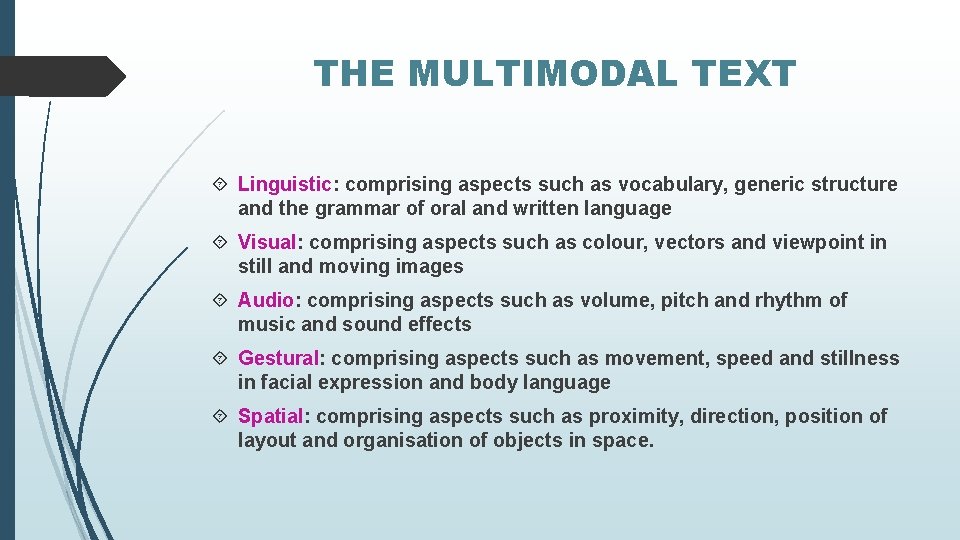 THE MULTIMODAL TEXT Linguistic: comprising aspects such as vocabulary, generic structure and the grammar