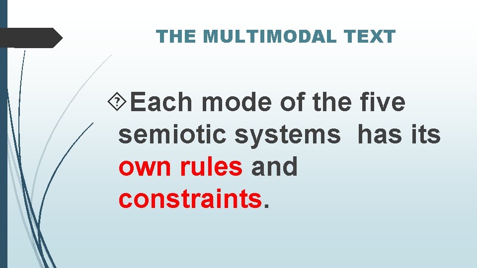 THE MULTIMODAL TEXT Each mode of the five semiotic systems has its own rules