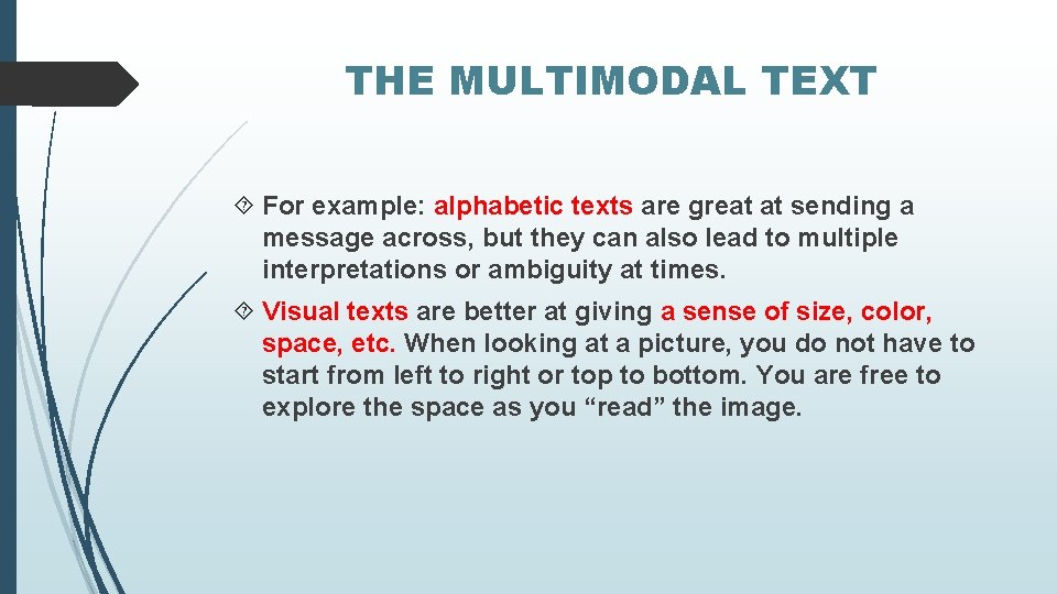 THE MULTIMODAL TEXT For example: alphabetic texts are great at sending a message across,