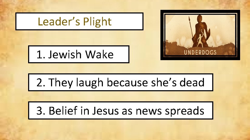 Leader’s Plight 1. Jewish Wake 2. They laugh because she’s dead 3. Belief in
