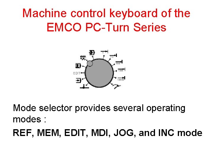 Machine control keyboard of the EMCO PC-Turn Series Mode selector provides several operating modes