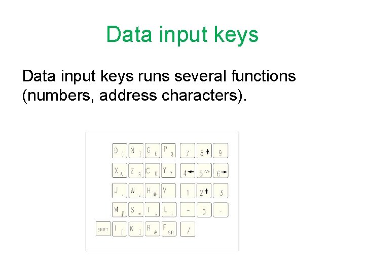 Data input keys runs several functions (numbers, address characters). 