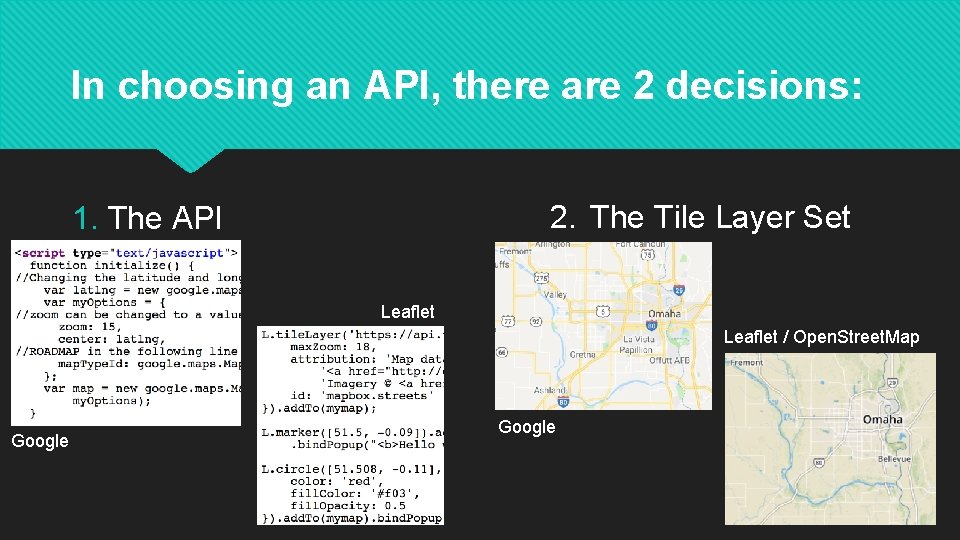 In choosing an API, there are 2 decisions: 2. The Tile Layer Set 1.
